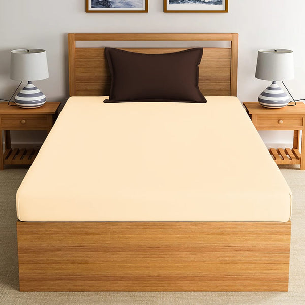 Soft Cotton Plain 210 TC Single Fitted Bedsheet In Beige At Best Prices