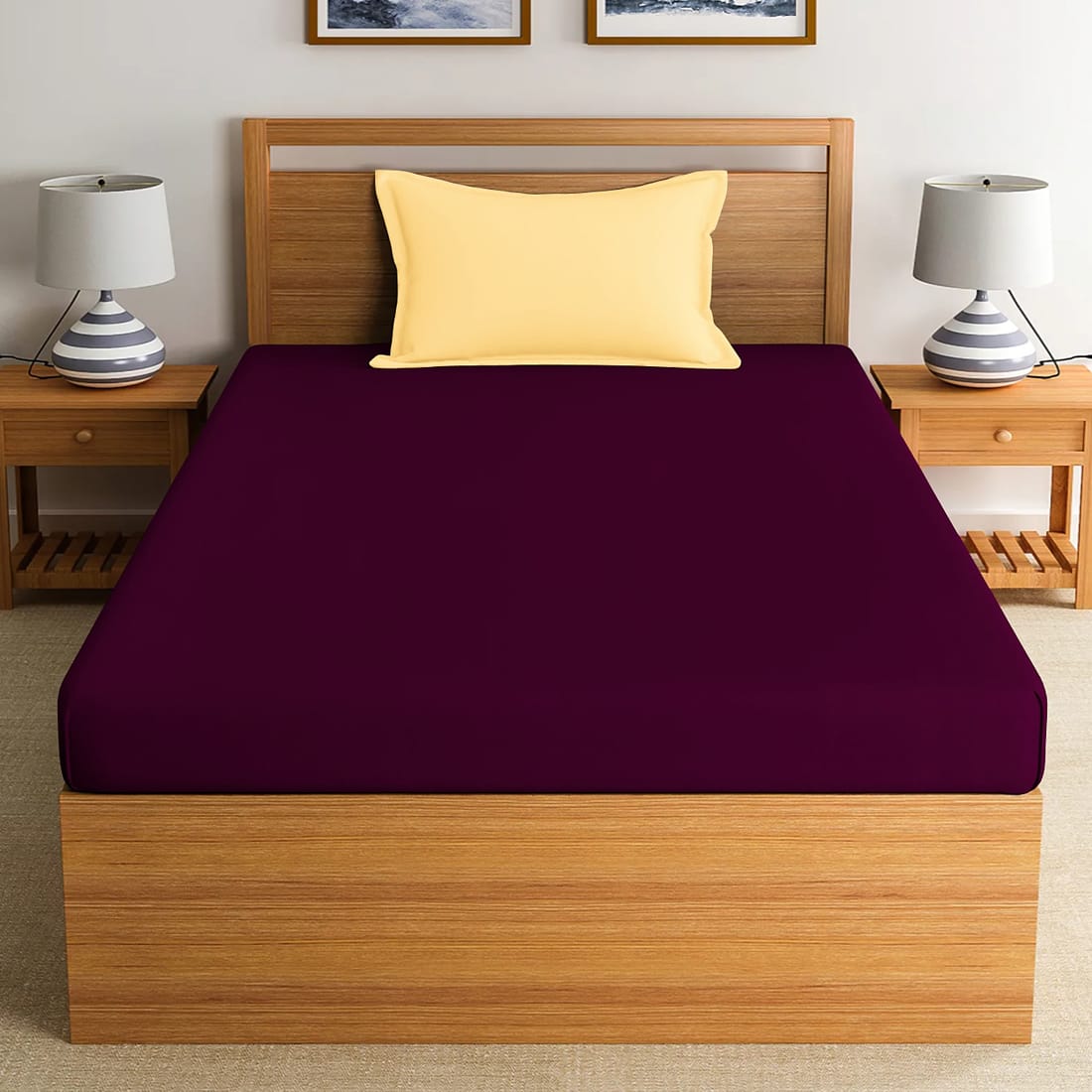 Soft Cotton Plain 210 TC Single Fitted Bedsheet In Burgundy At Best Prices 