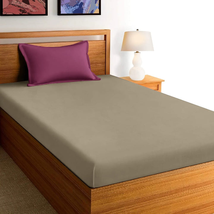 Soft Cotton Plain 210 TC Single Fitted Bedsheet In Khaki At Best Prices