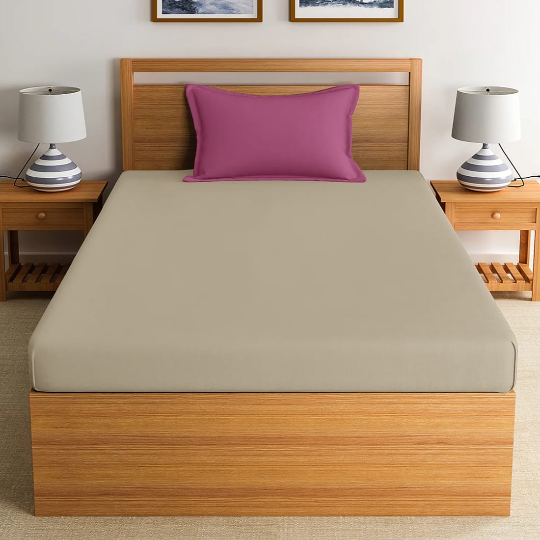 Soft Cotton Plain 210 TC Single Fitted Bedsheet In Khaki At Best Prices 