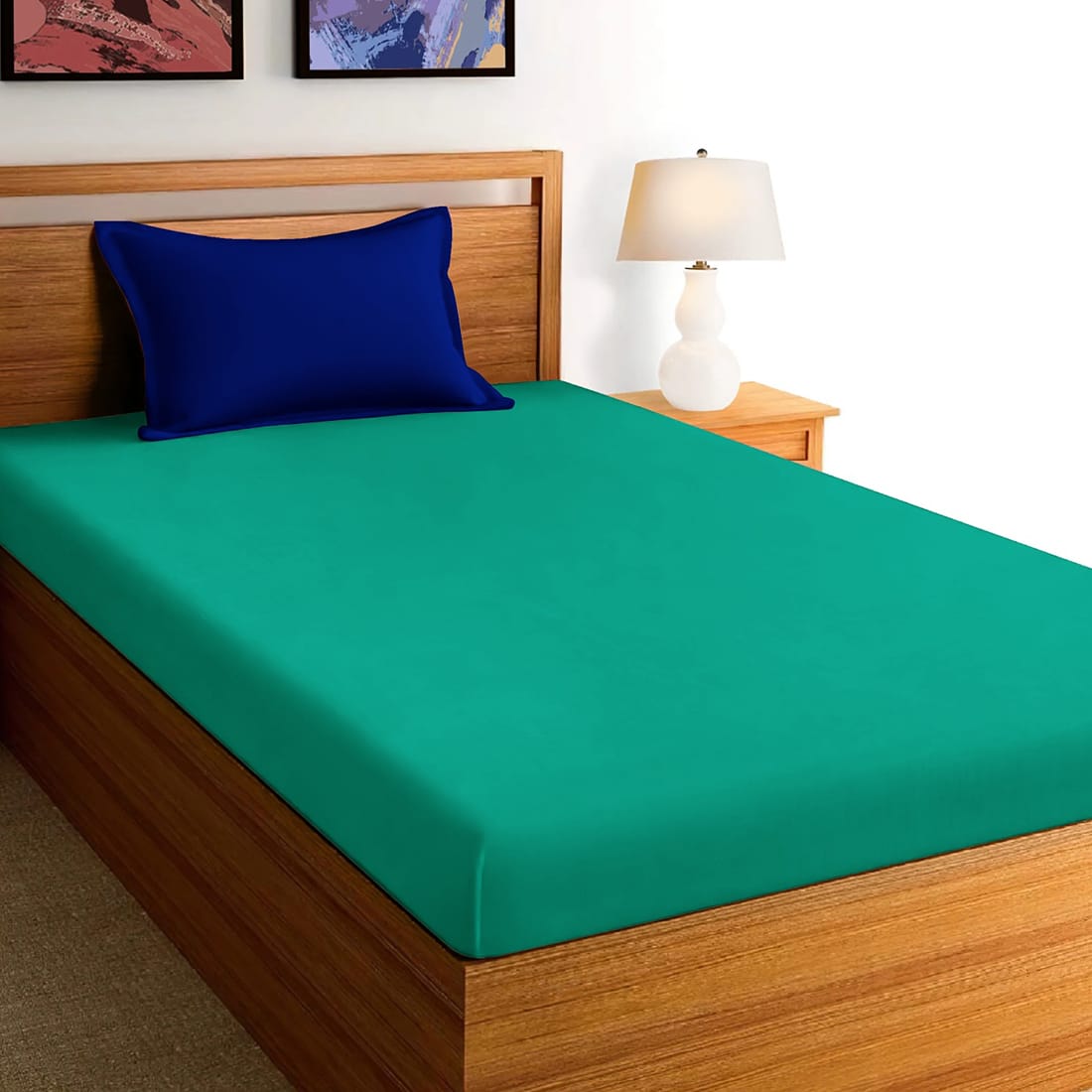 Soft Cotton Plain 210 TC Single Fitted Bedsheet In Aqua Green At Best Prices