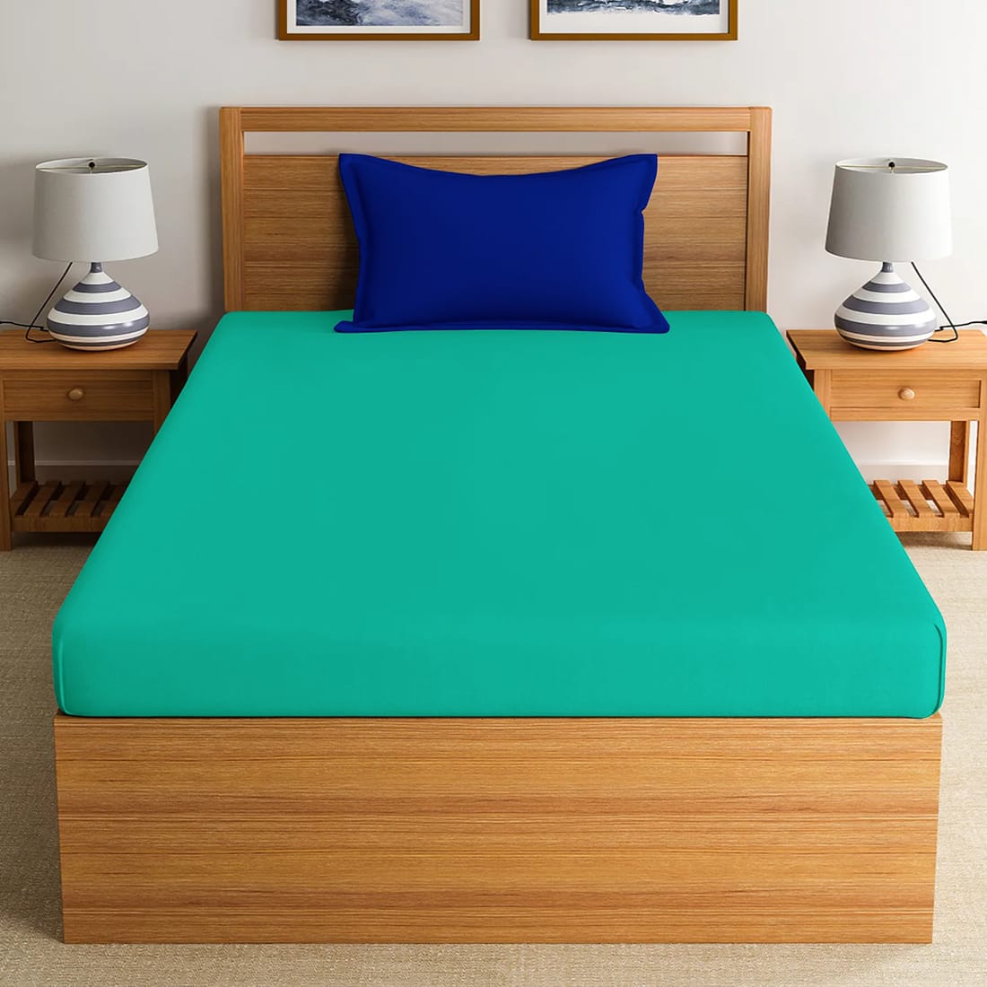 Soft Cotton Plain 210 TC Single Fitted Bedsheet In Aqua Green At Best Prices 