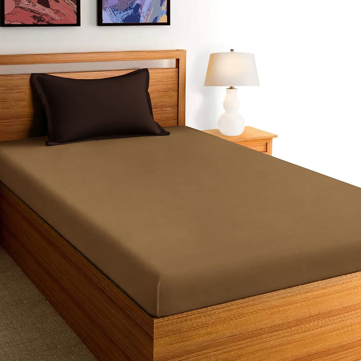 Soft Cotton Plain 210 TC Single Fitted Bedsheet In Camel Brown At Best Prices