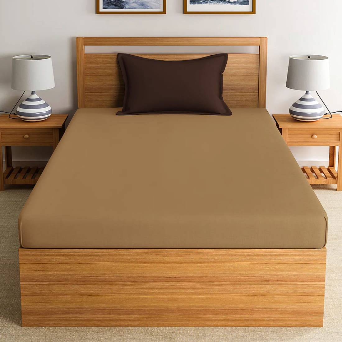 Plain Cotton 210 TC Fitted Single Bedsheet - Camel Brown