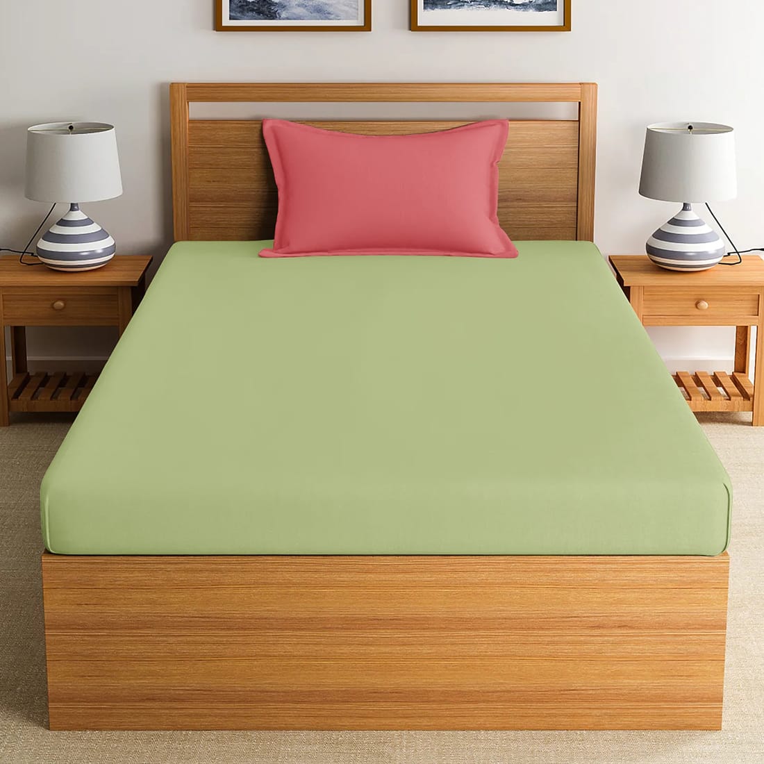Soft Cotton Plain 210 TC Single Fitted Bedsheet In Light Green At Best Prices