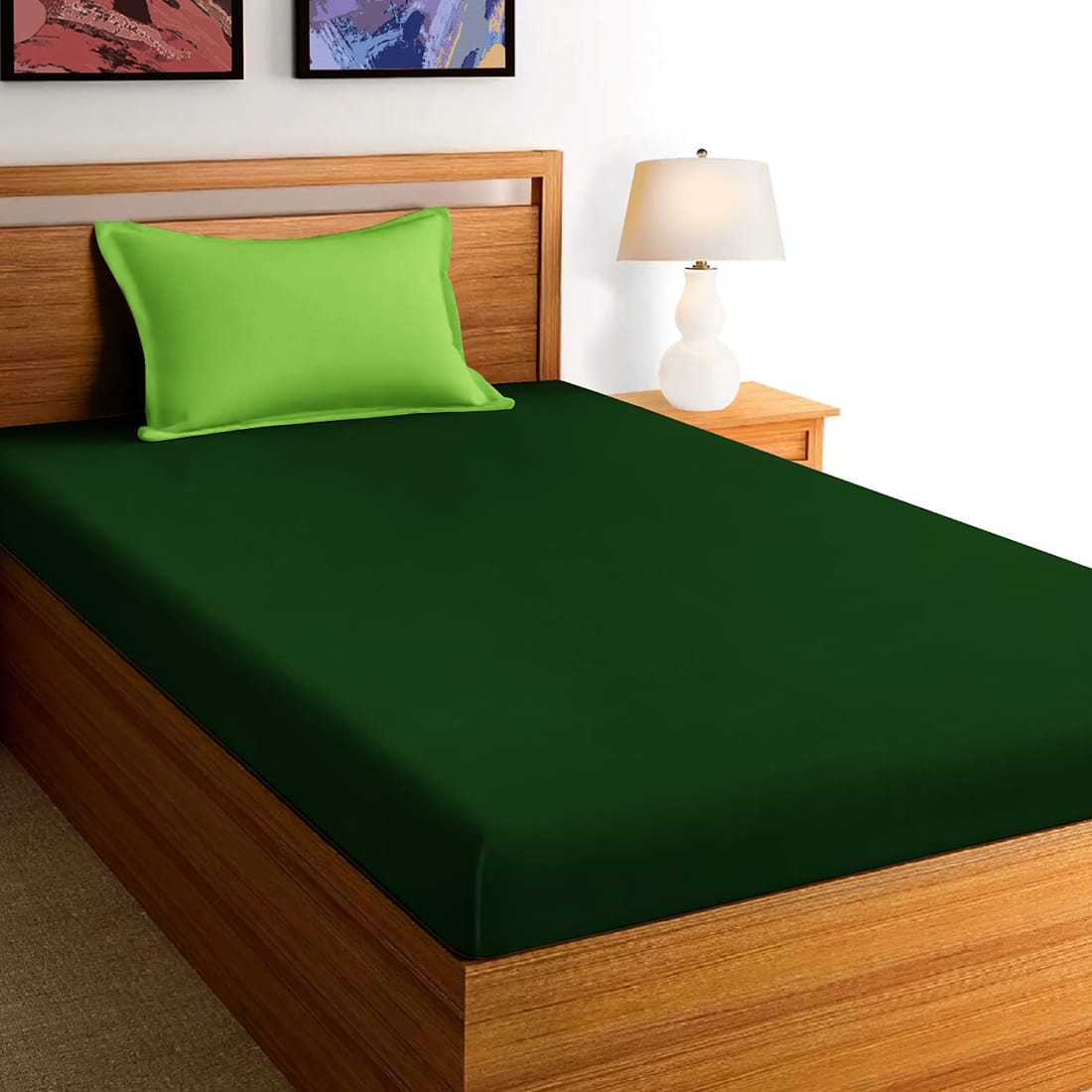 Soft Cotton Plain 210 TC Single Fitted Bedsheet In Bottle Green At Best Prices