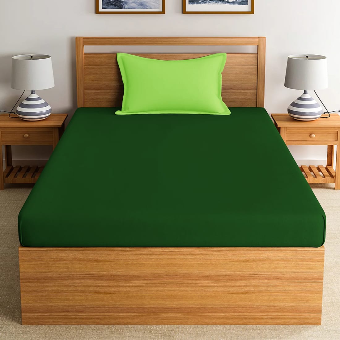 Soft Cotton Plain 210 TC Single Fitted Bedsheet In Bottle Green At Best Prices