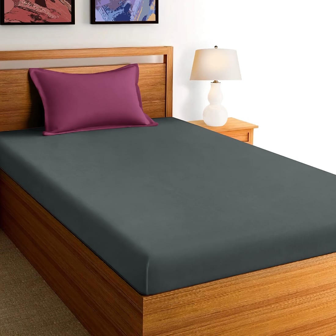 Soft Cotton Plain 210 TC Single Fitted Bedsheet In Grey at Best Prices