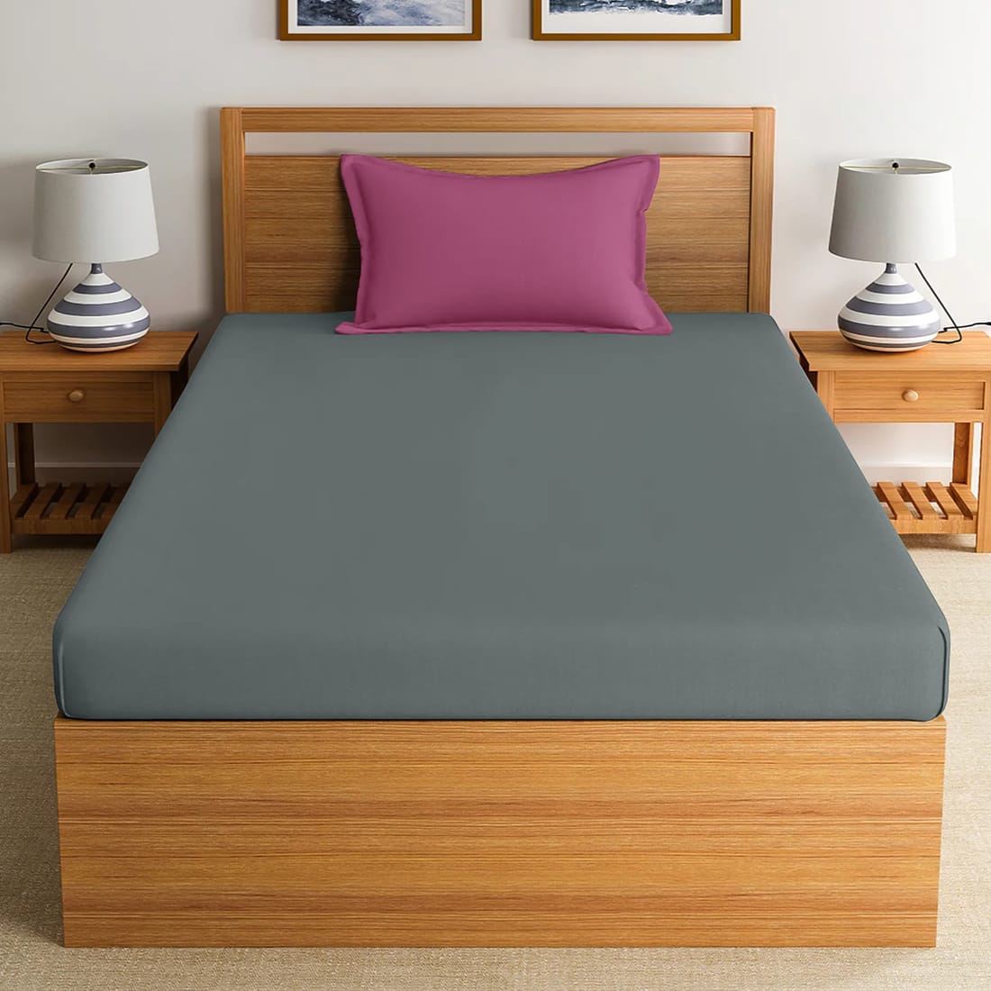 Soft Cotton Plain 210 TC Single Fitted Bedsheet In Grey at Best Prices 