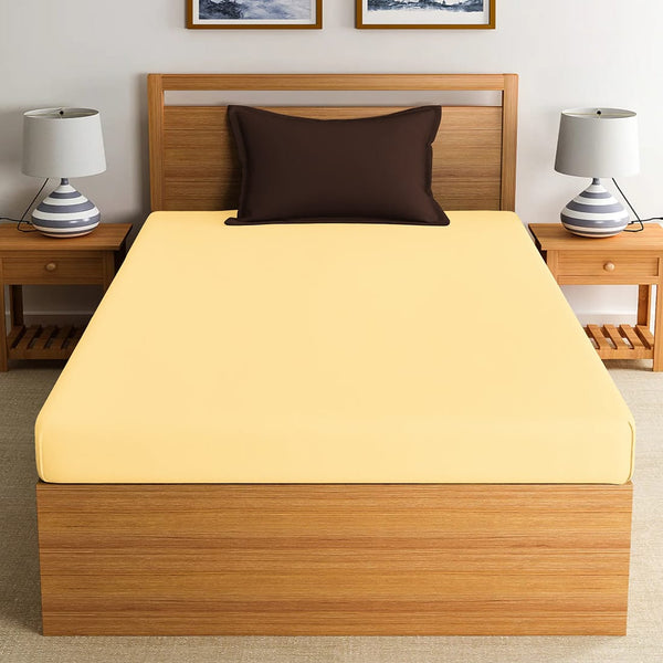 Soft Cotton Plain 210 TC Single Fitted Bedsheet In Gold At Best Prices 