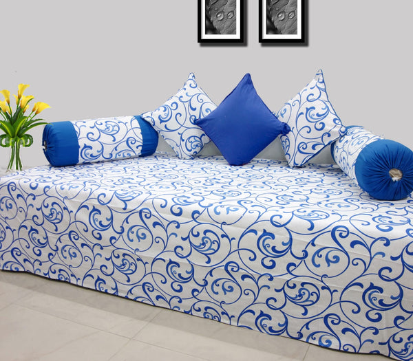 Designer Blue Cotton Print Floral 144 TC Diwan Set(6 Pcs) online in India