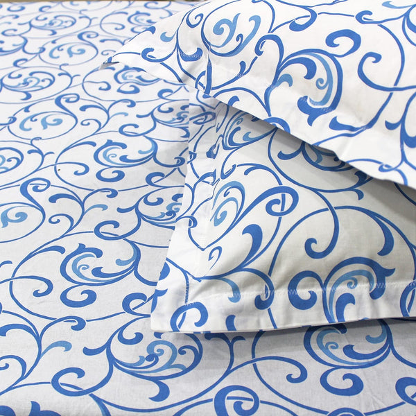 Soft Floral Print 144 TC Cotton Fitted Bedsheet In Blue At Best Prices 