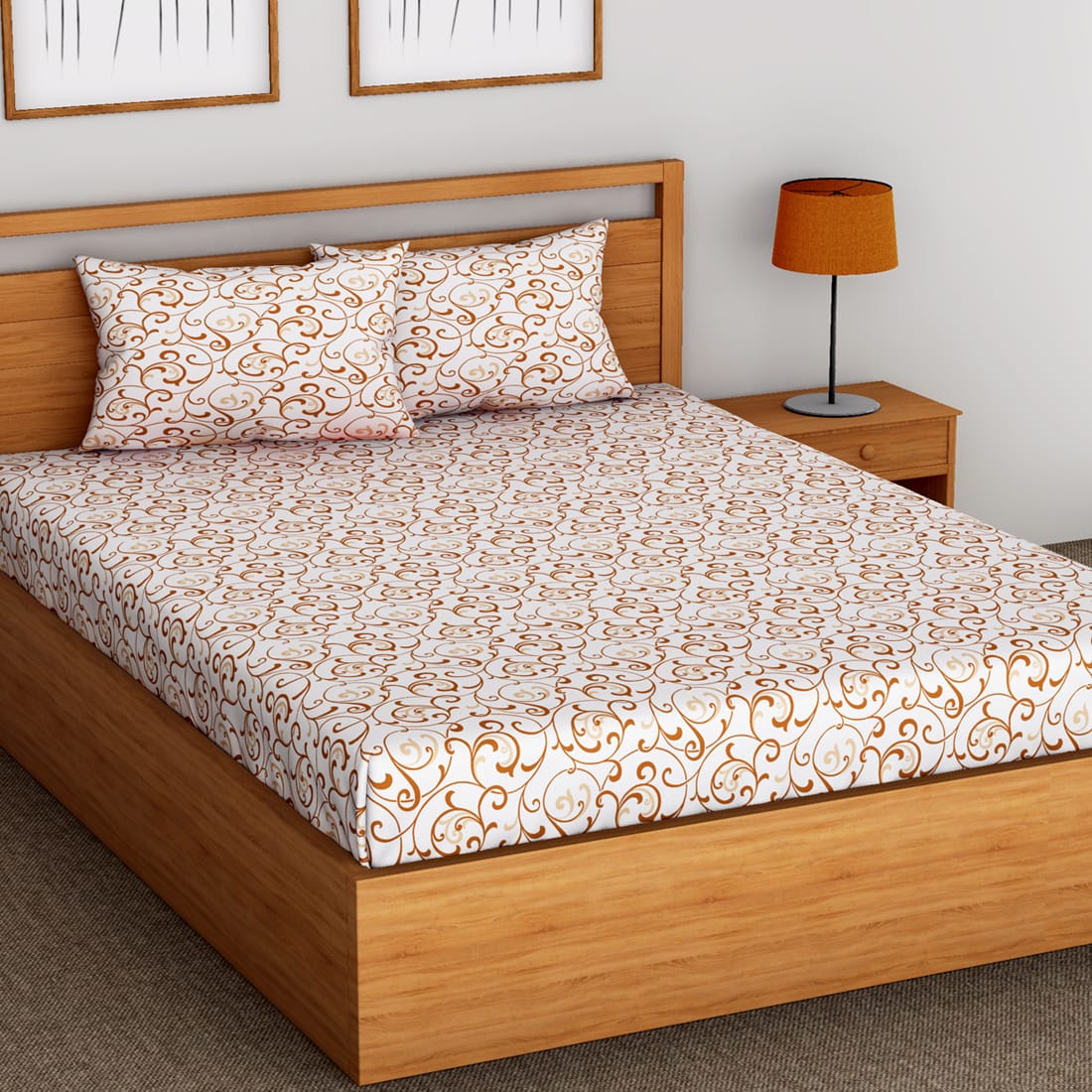 Soft Floral Print 144 TC Cotton Fitted Bedsheet In Mustard At Best Prices