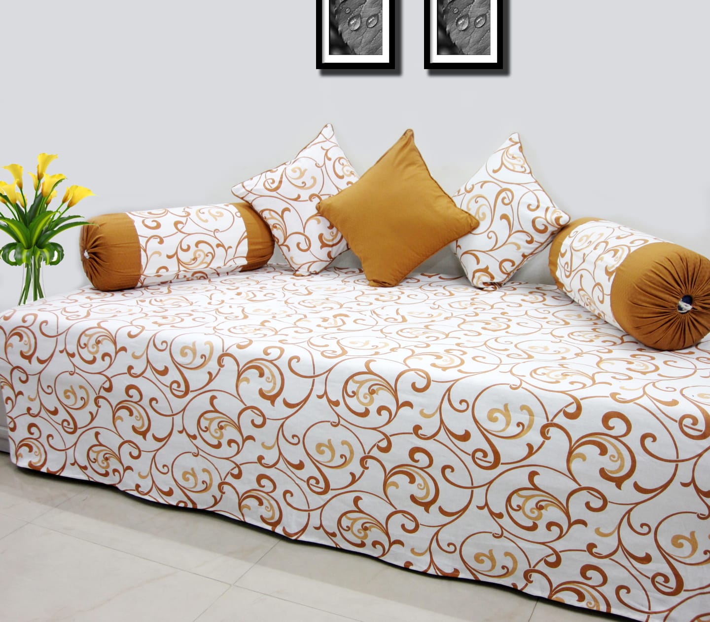 Designer Mustard Cotton Print Floral 144 TC Diwan Set(6 Pcs) online in India