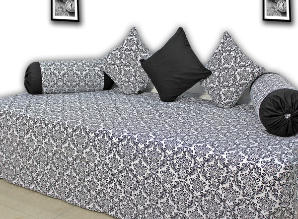 Designer Black Cotton Print Damask 144 TC Diwan Set(6 Pcs) online in India