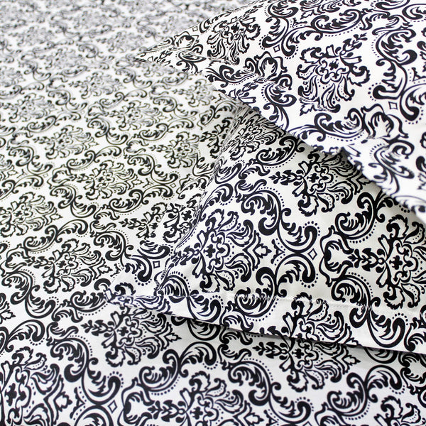 Soft Cotton Damask Print 144 TC Fitted Bedsheet In Black At Best Prices 