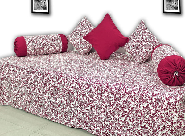 Designer Maroon Cotton Print Floral 144 TC Diwan Set(6 Pcs) online in India