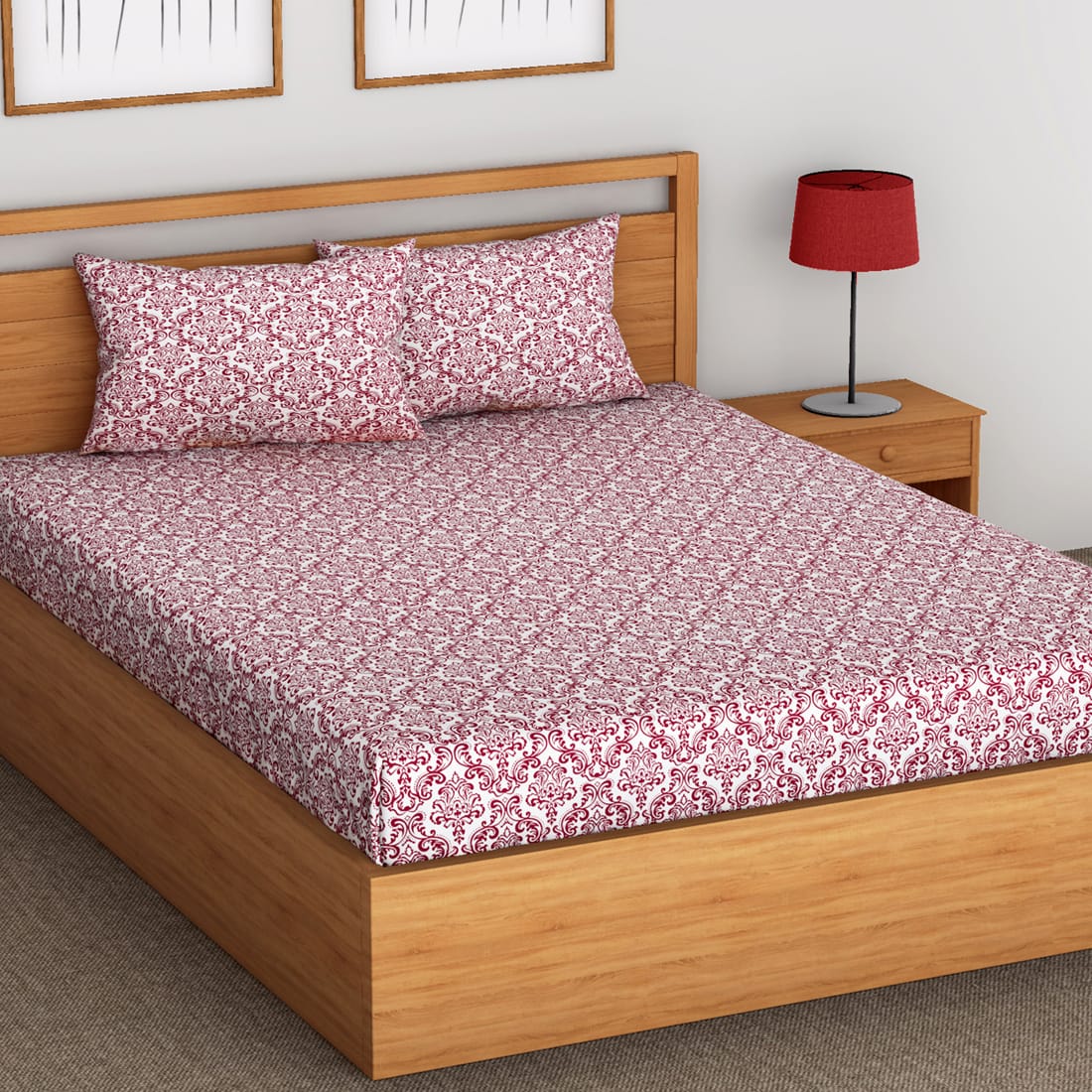 Soft cotton damask print 144 TC Fitted Bedsheet In Maroon At Best Prices