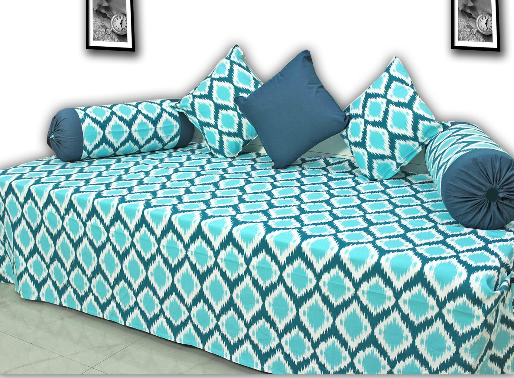 Designer Aqua Cotton Print Ikat 144 TC Diwan Set(6 Pcs) online in India