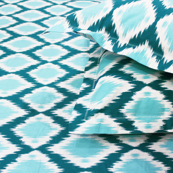 Soft Cotton Ikat Print 144 TC Cotton Fitted Bedsheet In Aqua At Best Prices 