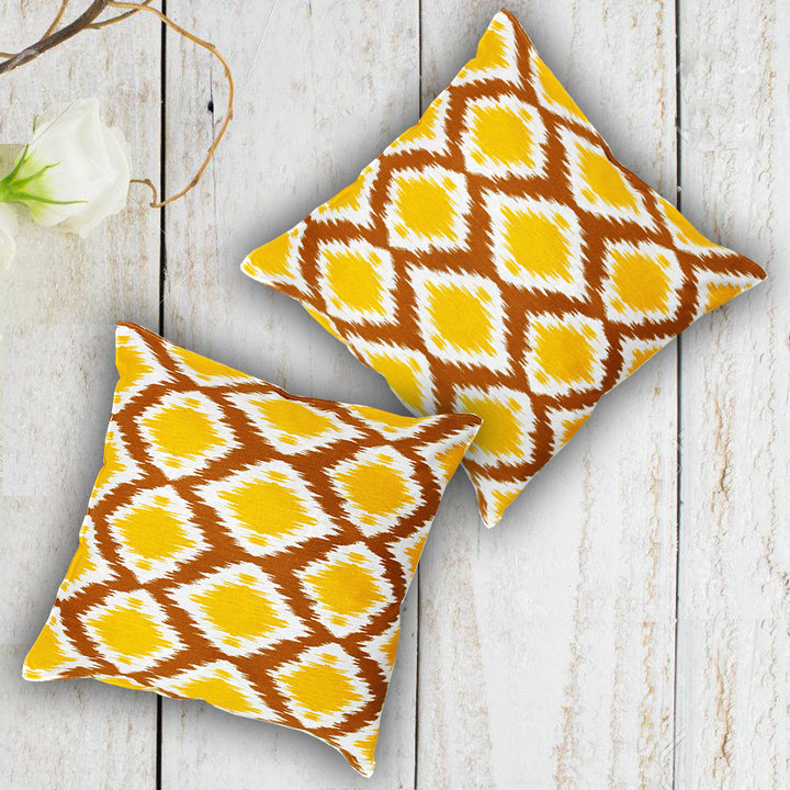 Soft Ikat print Mustard Cotton Cushion Cover Set online in India