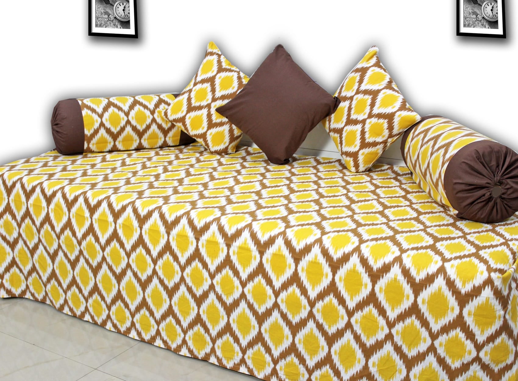 Designer Mustard Cotton Print Ikat 144 TC Diwan Set(6 Pcs) online in India