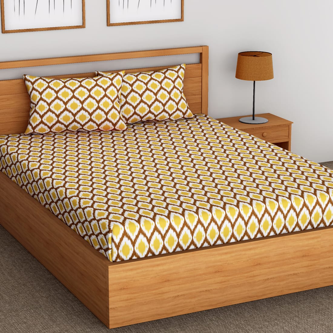 Soft Cotton Ikat Print 144 TC Cotton Fitted Bedsheet In Mustard At Best Prices