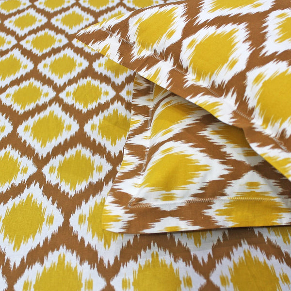 Soft Ikat Print 144 TC Cotton Fitted Bedsheet In Mustard At Best Prices