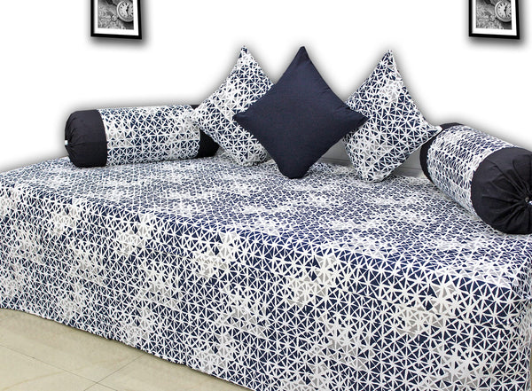 Designer Navy Blue Cotton Print Geometrical 144 TC Diwan Set(6 Pcs) online in India