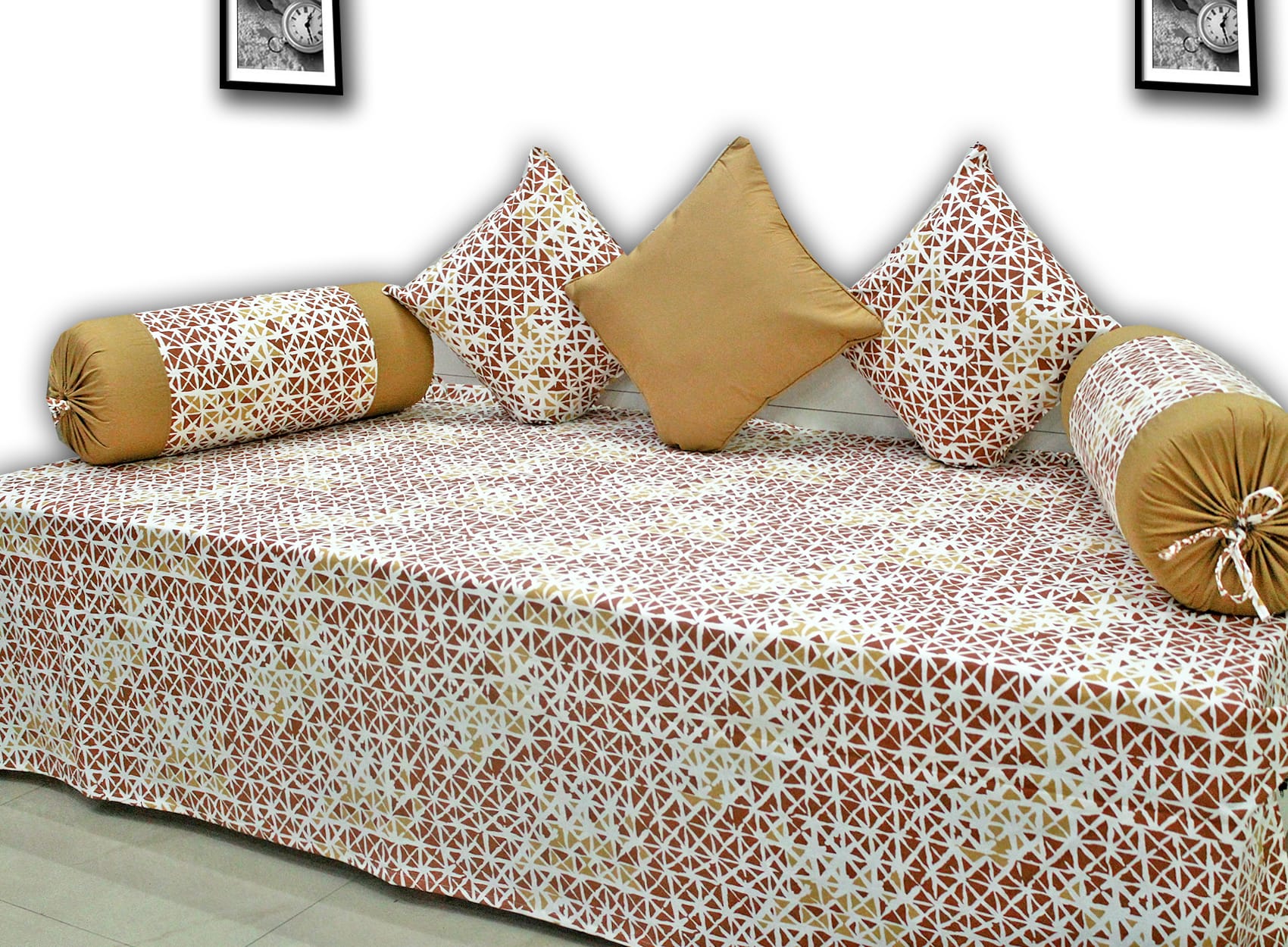 Designer Brown Cotton Print Geometrical 144 TC Diwan Set(6 Pcs) online in India