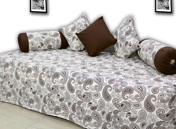 Designer Brown Cotton Print Paisley 144 TC  Diwan Set(6 Pcs) online in India 