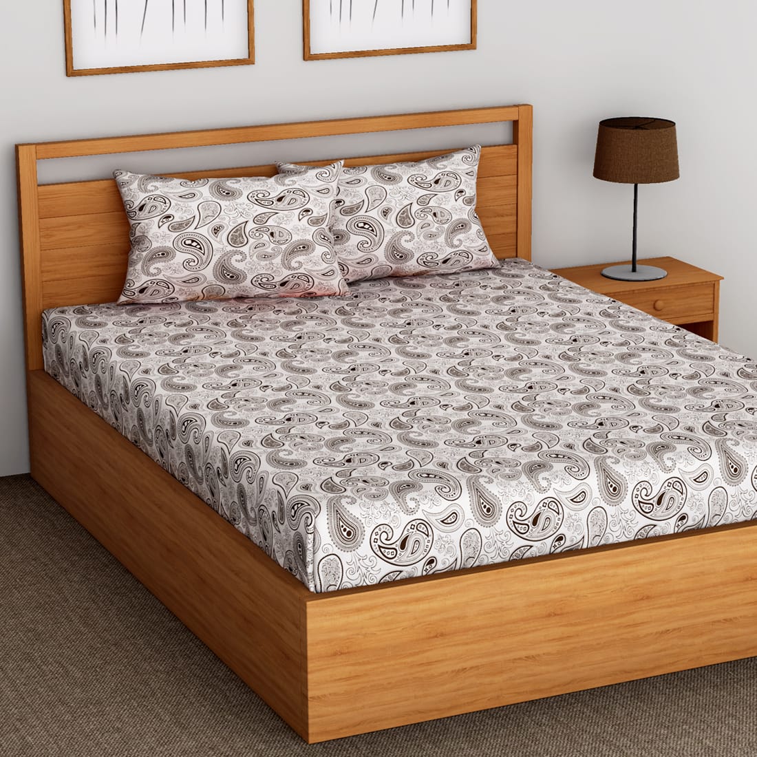 Soft Cotton Paisley Print 144 TC Fitted Bedsheet In Brown At Best Prices