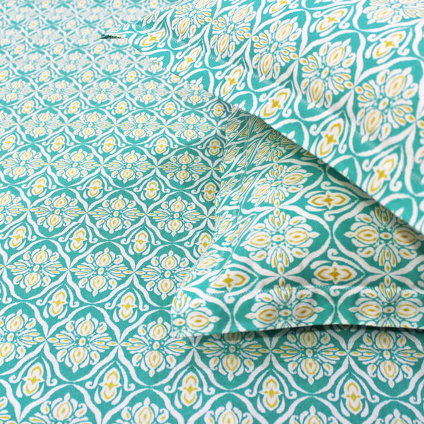 Soft Cotton Ikat Print 144 TC Fitted Bedsheet In Aqua At Best Prices 