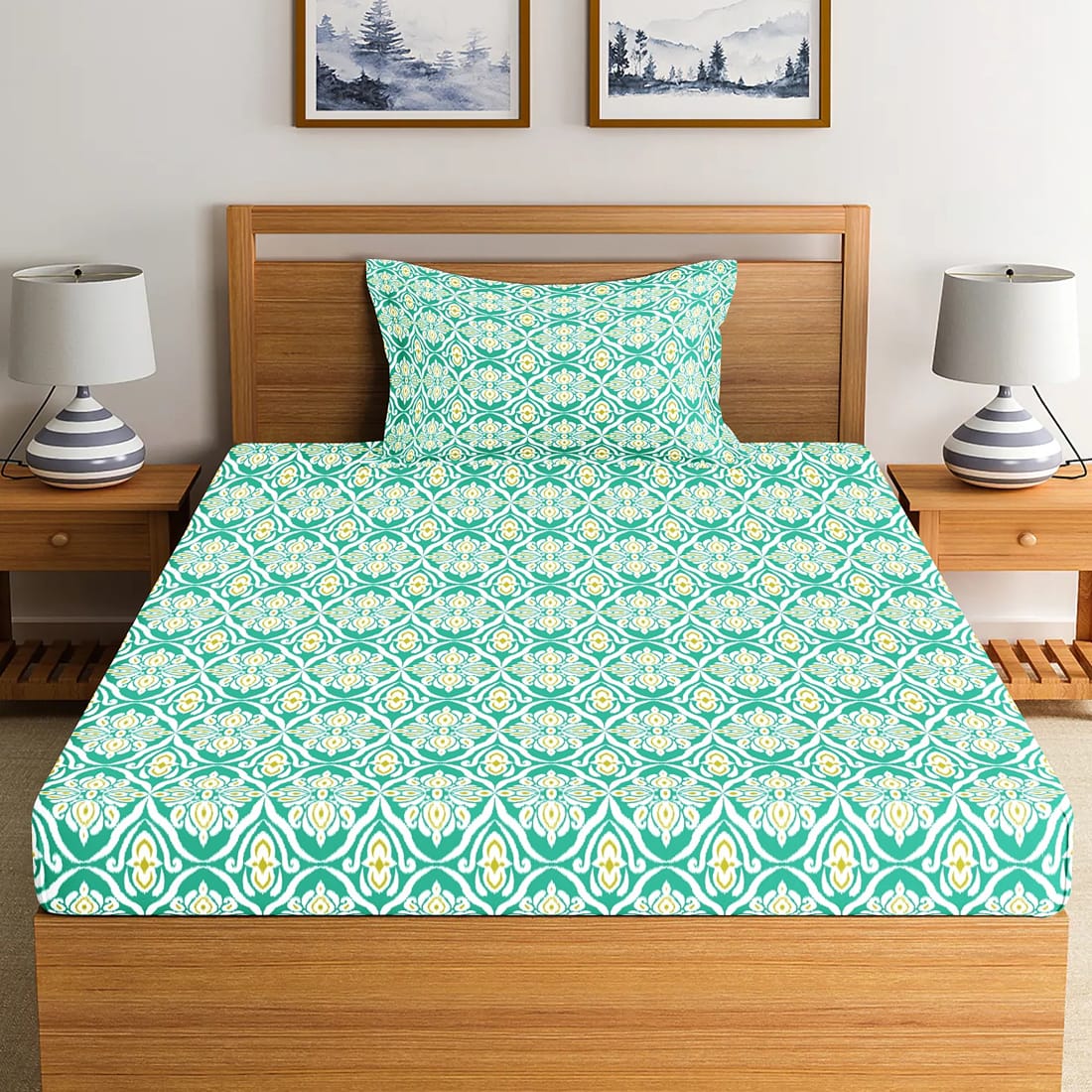 Soft Cotton Ikat Print 144 TC Cotton Fitted Bedsheet In Aqua At Best Prices