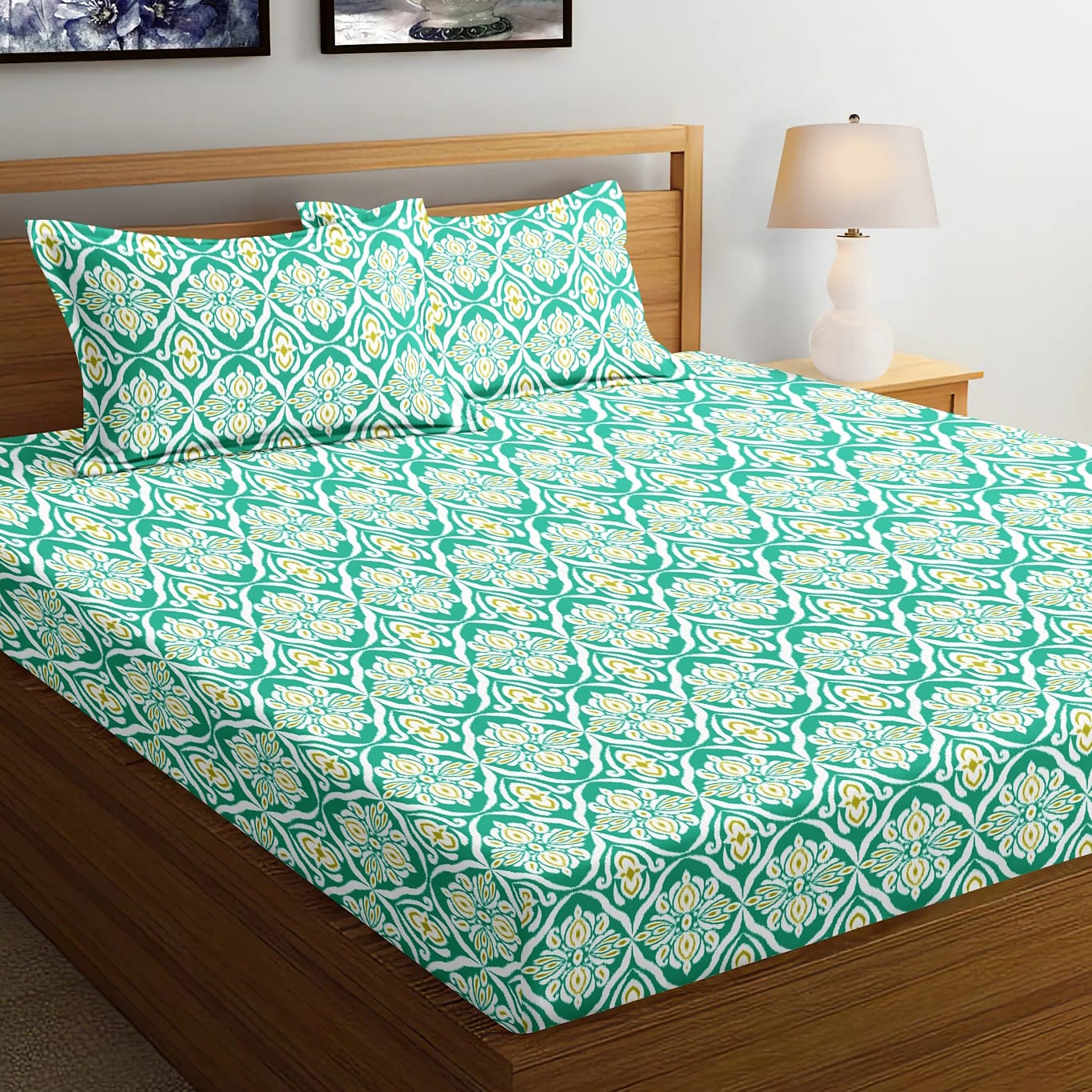 Soft Cotton Ikat Print 144 TC Fitted Bedsheet In Aqua At Best Prices