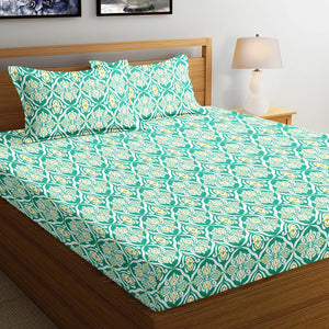 Soft Cotton Ikat Print 144 TC Fitted Bedsheet In Aqua At Best Prices