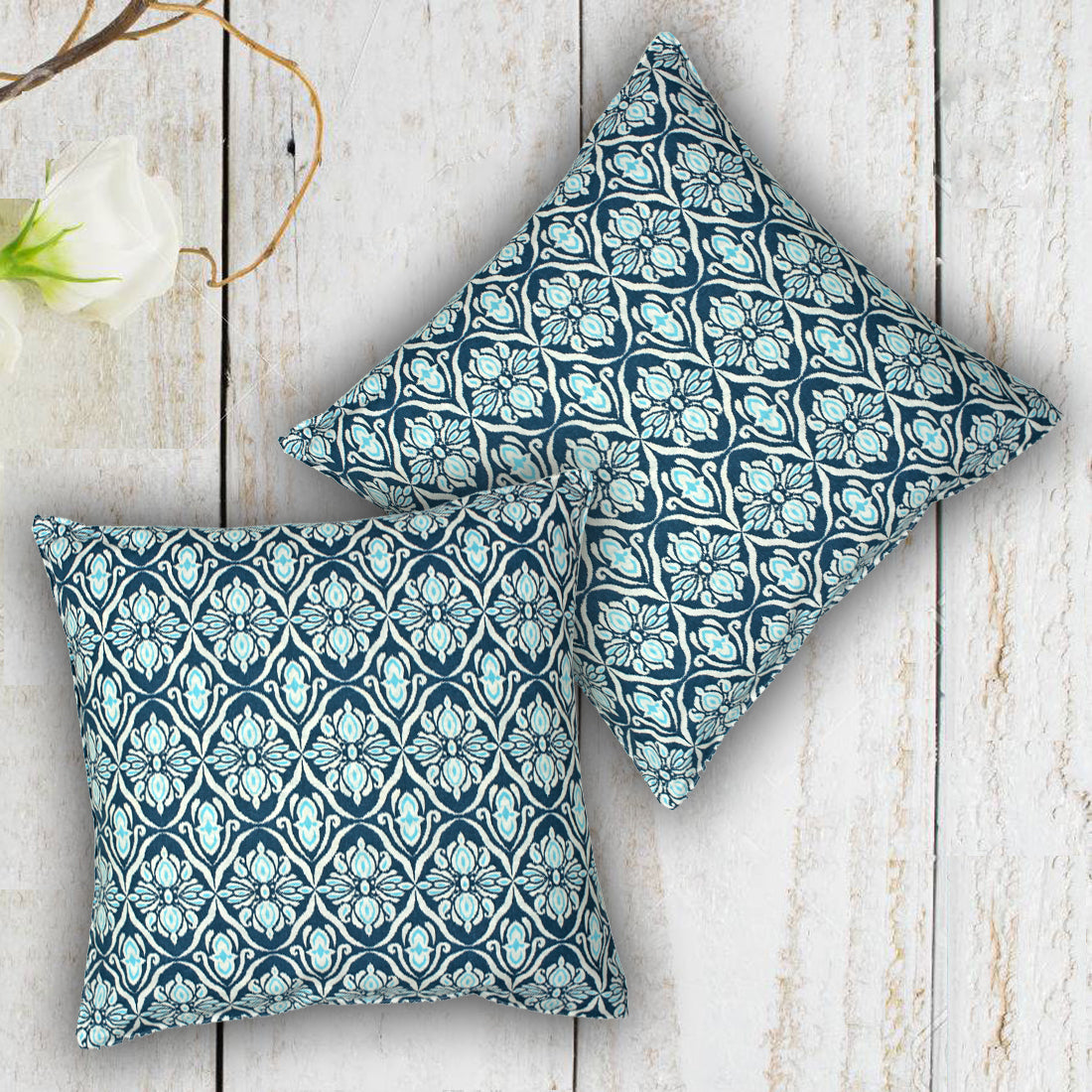 Soft Ikat print Navy Blue Cotton Cushion Cover Set online in India