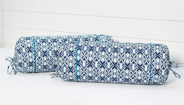 Ikat Printed Cotton Bolster Cover Set in Blue- 2pcs