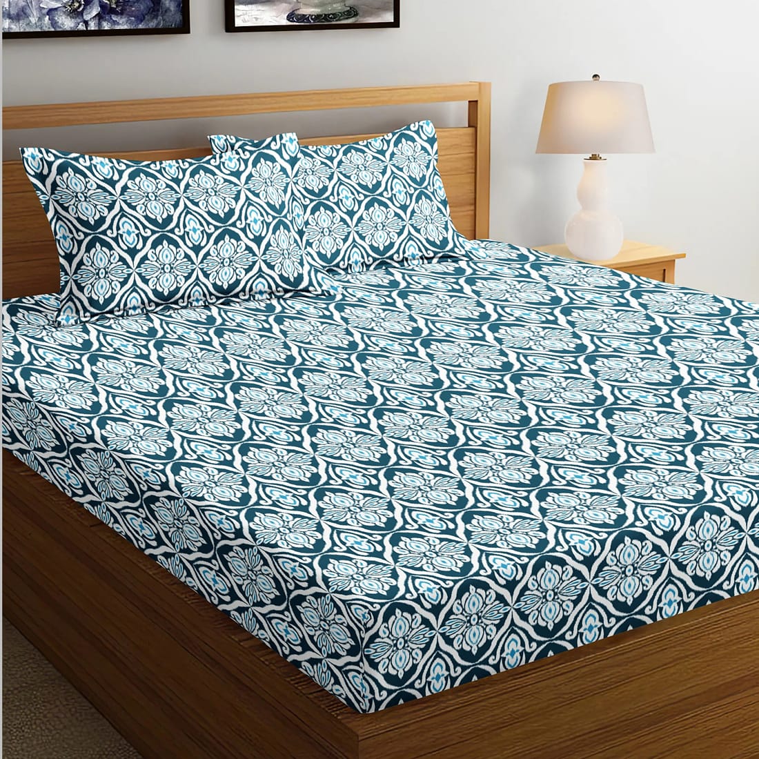 Soft Cotton Ikat Print 144 TC Fitted Bedsheet In Navy Blue At Best Prices