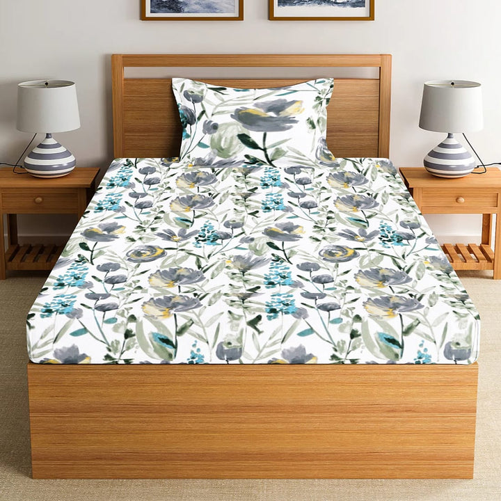 Soft Floral Print 144 TC Cotton Fitted Bedsheet In Aqua At Best Prices