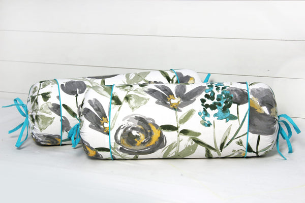Soft Aqua Printed Floral Cotton Bolster Cover Set (2Pcs) Online In India