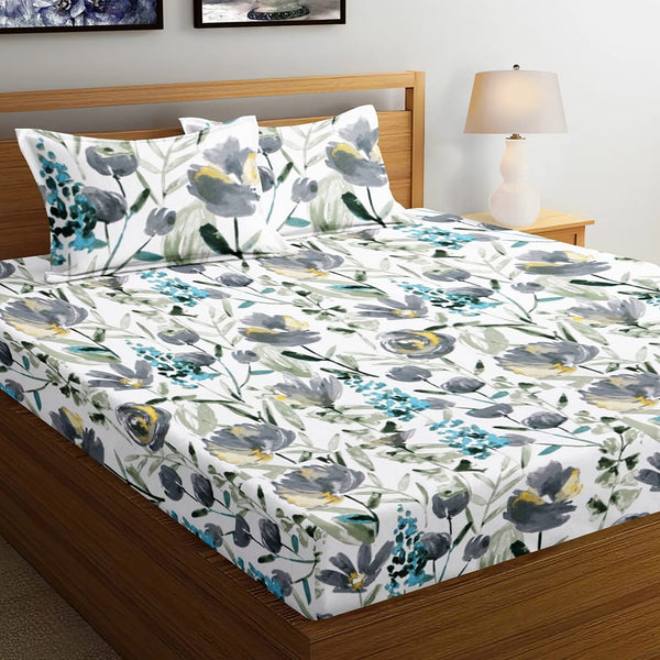 Soft Floral Print 144 TC Cotton Fitted Bedsheet In Aqua At Best Prices