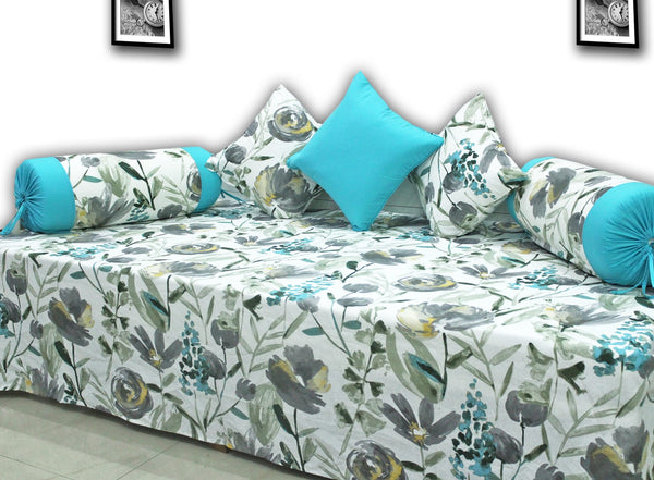 Printed Floral Pattern Cotton 6 Pcs Diwan Bedsheet Set - Aqua