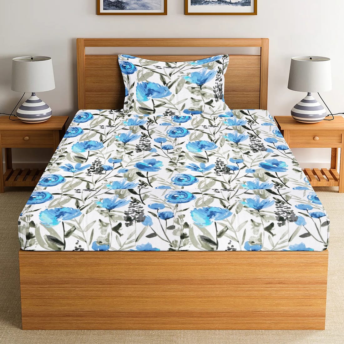 Soft Cotton Floral Print 144 TC Fitted Bedsheet In blue At Best Prices