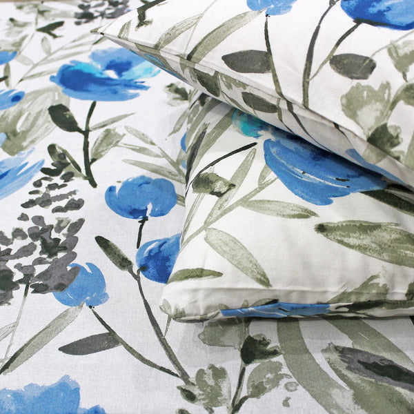 Soft Floral Print 144 TC Cotton Fitted Bedsheet In Blue At Best Prices 