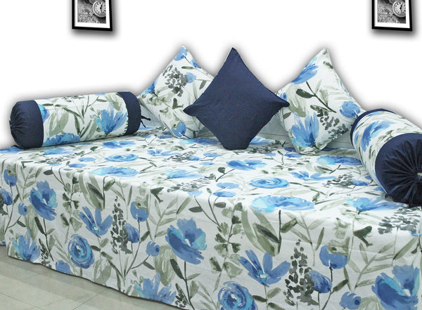 Printed Floral Pattern Cotton 6 Pcs Diwan Bedsheet Set -Blue