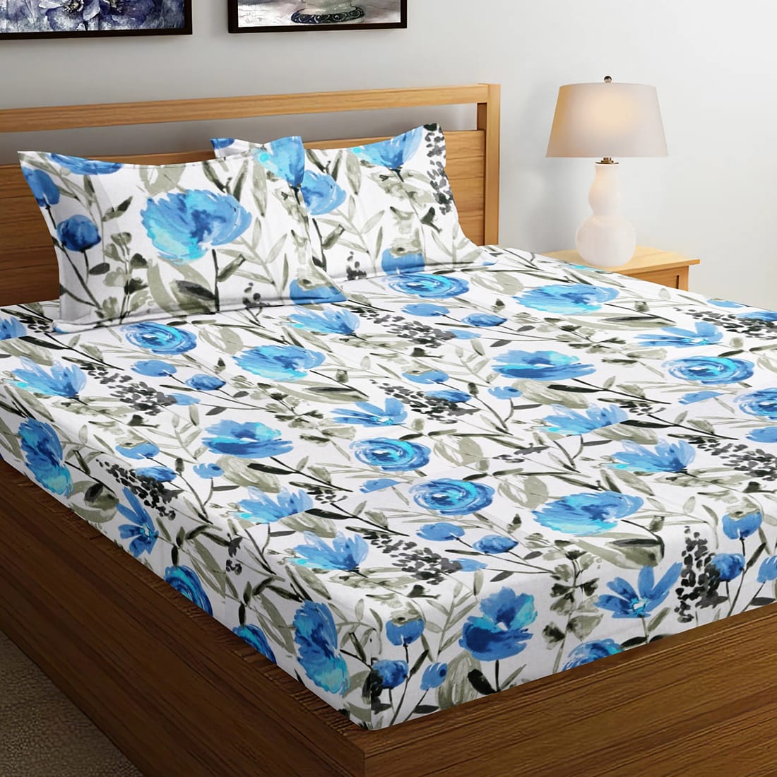 Soft Cotton Floral Print 144 TC Fitted Bedsheet In blue At Best Prices