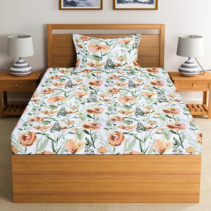 Soft Cotton Floral Print 144 TC Fitted Bedsheet In Brown At Best Prices