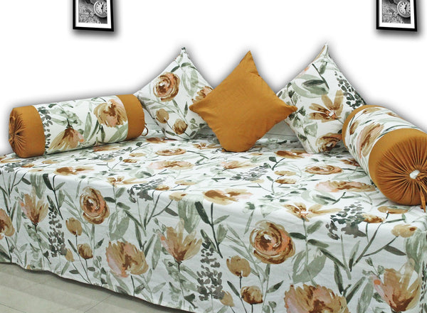 Printed Floral Pattern Cotton 6 Pcs Diwan Bedsheet Set -Brown