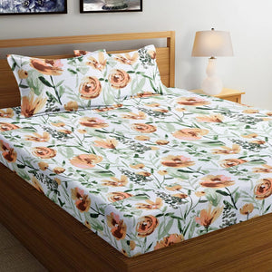 Soft Cotton Floral Print 144 TC Fitted Bedsheet In Brown At Best Prices